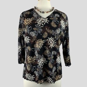 Westbound Black Floral Design Top w/Scalloped Hems